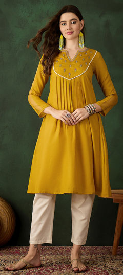 Yellow color Dress in Blended Cotton fabric with Thread work