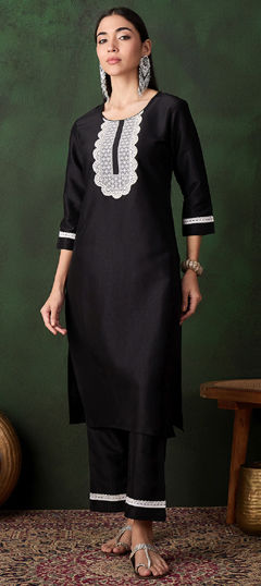 Black and Grey color Salwar Kameez in Poly Silk fabric with Embroidered, Sequence work