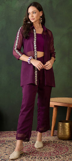 Purple and Violet color Co-ords Set in Organza Silk fabric with Thread work