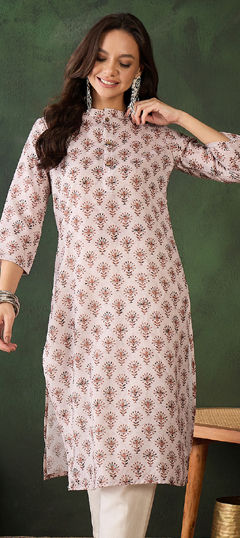 Beige and Brown color Kurti in Cotton fabric with Printed work