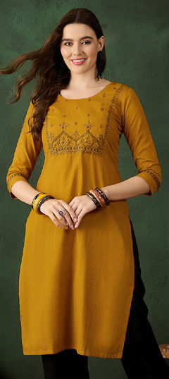 Yellow color Kurti in Cotton fabric with Printed work