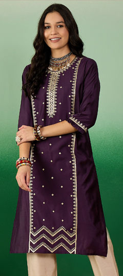 Purple and Violet color Kurti in Cotton fabric with Zari work