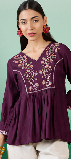 Purple and Violet color Tops and Shirts in Jacquard fabric with Embroidered work