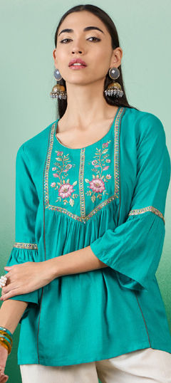 Green color Tops and Shirts in Cotton fabric with Embroidered work