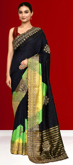 Black and Grey color Saree in Kanjeevaram Silk fabric with Bugle Beads, Mirror, Stone work