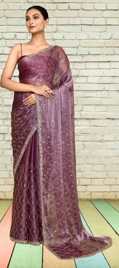 Purple and Violet color Saree in Silk fabric with Stone, Thread, Zari work