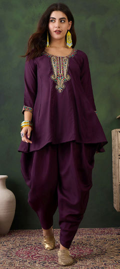 Purple and Violet color Salwar Kameez in Silk fabric with Embroidered work