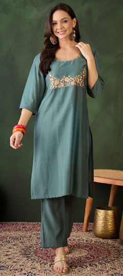 Black and Grey color Salwar Kameez in Cotton fabric with Embroidered work