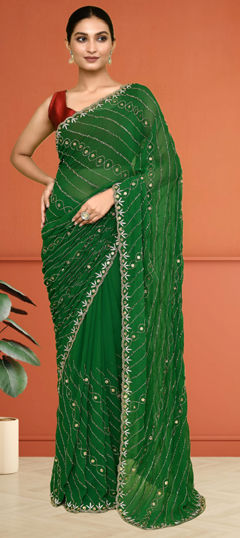 Green color Saree in Georgette fabric with Cut Dana, Sequence, Stone work