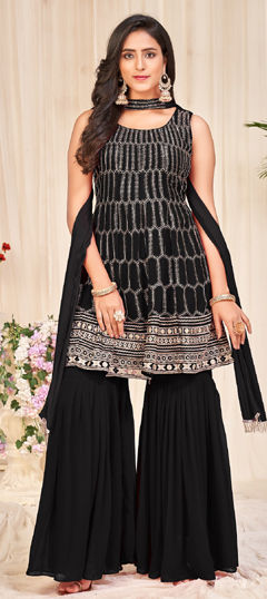 Black and Grey color Salwar Kameez in Georgette fabric with Embroidered, Sequence, Thread work