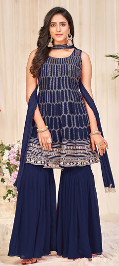 Blue color Salwar Kameez in Georgette fabric with Embroidered, Sequence, Thread work