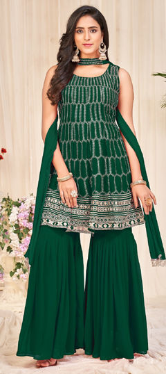 Green color Salwar Kameez in Georgette fabric with Embroidered, Sequence, Thread work