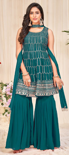 Green color Salwar Kameez in Georgette fabric with Embroidered, Sequence, Thread work