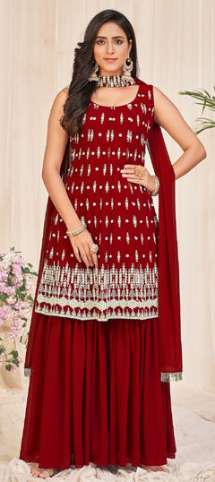 Red and Maroon color Salwar Kameez in Georgette fabric with Embroidered, Sequence, Thread work