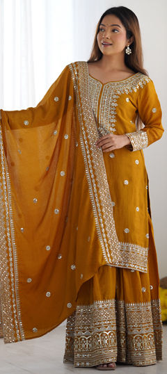 Yellow color Salwar Kameez in Silk fabric with Embroidered, Sequence, Thread work