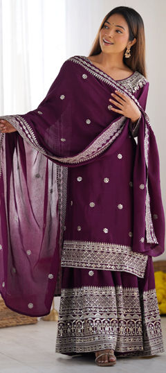 Purple and Violet color Salwar Kameez in Silk fabric with Embroidered, Sequence, Thread work