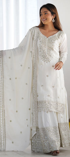 White and Off White color Salwar Kameez in Silk fabric with Embroidered, Sequence, Thread work