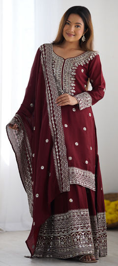 Red and Maroon color Salwar Kameez in Silk fabric with Embroidered, Sequence, Thread work