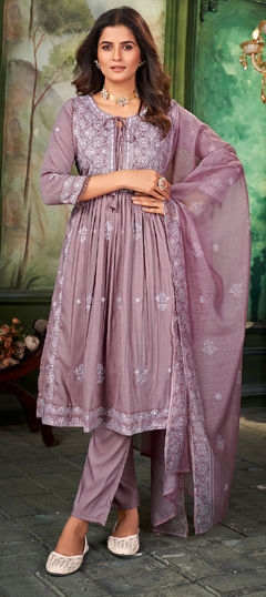 Pink and Majenta color Salwar Kameez in Muslin fabric with Lace, Mukesh, Printed work