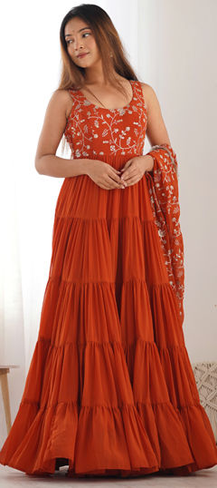 Orange color Salwar Kameez in Faux Georgette fabric with Embroidered, Sequence, Thread work