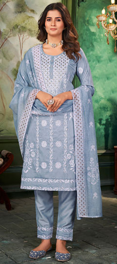 Blue color Salwar Kameez in Muslin fabric with Lace, Mukesh, Printed work