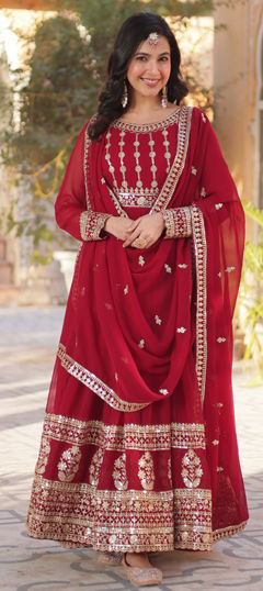 Red and Maroon color Gown in Faux Georgette fabric with Embroidered, Sequence, Zari work