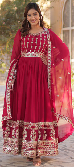 Pink and Majenta color Gown in Faux Georgette fabric with Embroidered, Sequence, Zari work