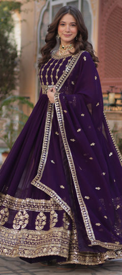 Purple and Violet color Gown in Faux Georgette fabric with Embroidered, Sequence, Zari work