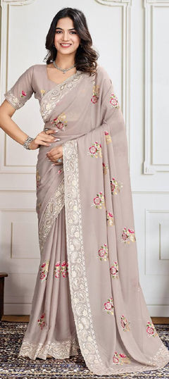 Beige and Brown color Saree in Georgette fabric with Embroidered, Sequence, Thread work