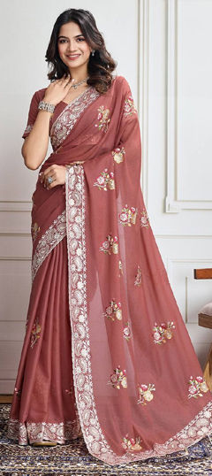 Beige and Brown color Saree in Georgette fabric with Embroidered, Sequence, Thread work