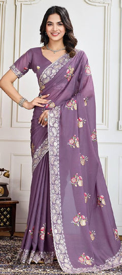 Purple and Violet color Saree in Georgette fabric with Embroidered, Sequence, Thread work