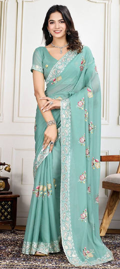 Green color Saree in Georgette fabric with Embroidered, Sequence, Thread work