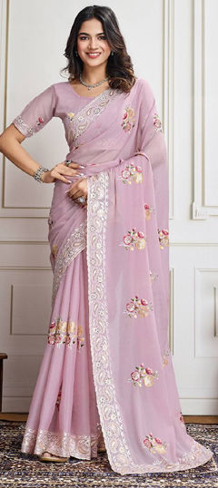 Pink and Majenta color Saree in Georgette fabric with Embroidered, Sequence, Thread work