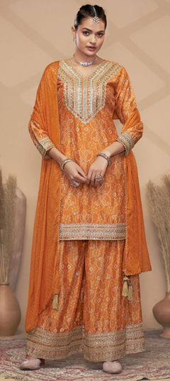 Orange color Salwar Kameez in Silk fabric with Bandhej, Embroidered, Mirror, Printed, Thread work