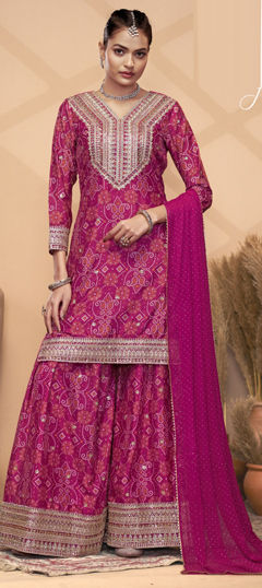 Pink and Majenta color Salwar Kameez in Silk fabric with Bandhej, Embroidered, Mirror, Printed, Thread work