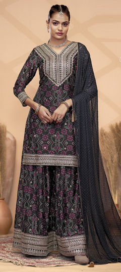 Black and Grey color Salwar Kameez in Silk fabric with Bandhej, Embroidered, Mirror, Printed, Thread work