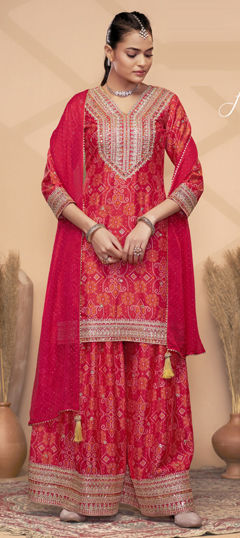 Red and Maroon color Salwar Kameez in Silk fabric with Bandhej, Embroidered, Mirror, Printed, Thread work