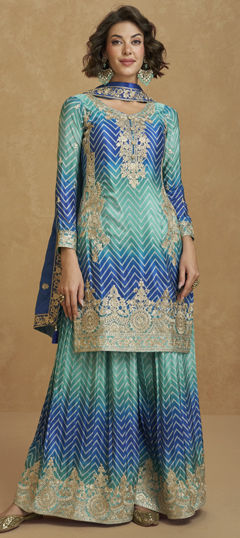 Blue color Salwar Kameez in Silk fabric with Embroidered, Sequence, Thread, Zari work