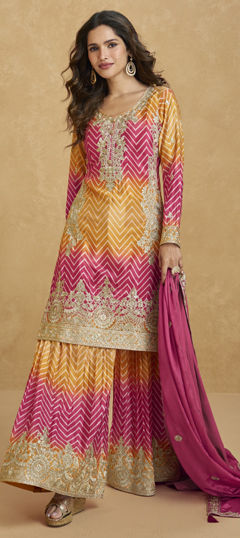 Pink and Majenta, Yellow color Salwar Kameez in Silk fabric with Embroidered, Sequence, Thread, Zari work