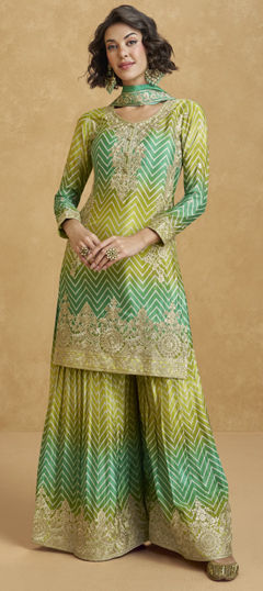 Green color Salwar Kameez in Silk fabric with Embroidered, Sequence, Thread, Zari work