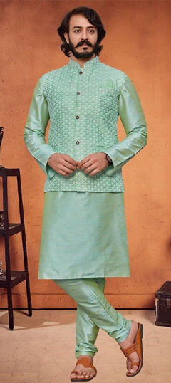Blue color Kurta Pyjama with Jacket in Silk fabric with Embroidered, Thread work