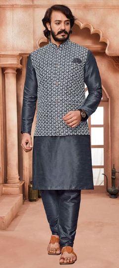Black and Grey color Kurta Pyjama with Jacket in Silk fabric with Embroidered, Thread work
