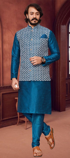 Multicolor color Kurta Pyjama with Jacket in Silk fabric with Embroidered, Thread work