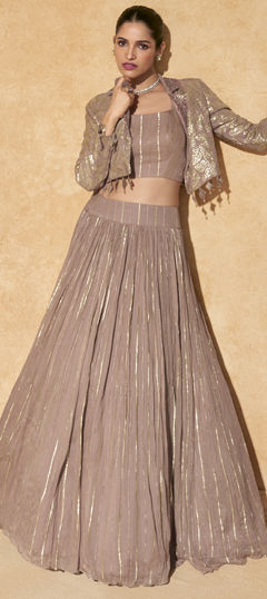Beige and Brown color Ready to Wear Lehenga in Silk fabric with Sequence work