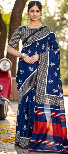 Blue color Saree in Bhagalpuri fabric with Printed work