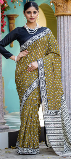 Yellow color Saree in Bhagalpuri fabric with Printed work