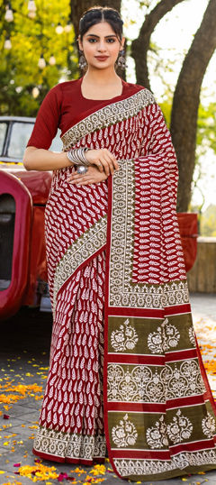 Red and Maroon color Saree in Bhagalpuri fabric with Printed work