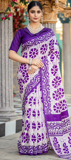 Purple and Violet, White and Off White color Saree in Bhagalpuri fabric with Printed work