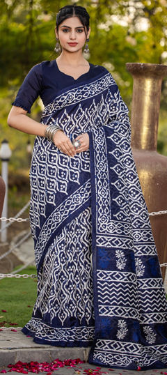 Blue color Saree in Bhagalpuri fabric with Printed work