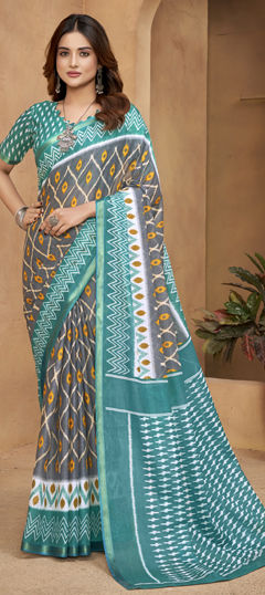 Black and Grey, Blue color Saree in Cotton fabric with Printed work